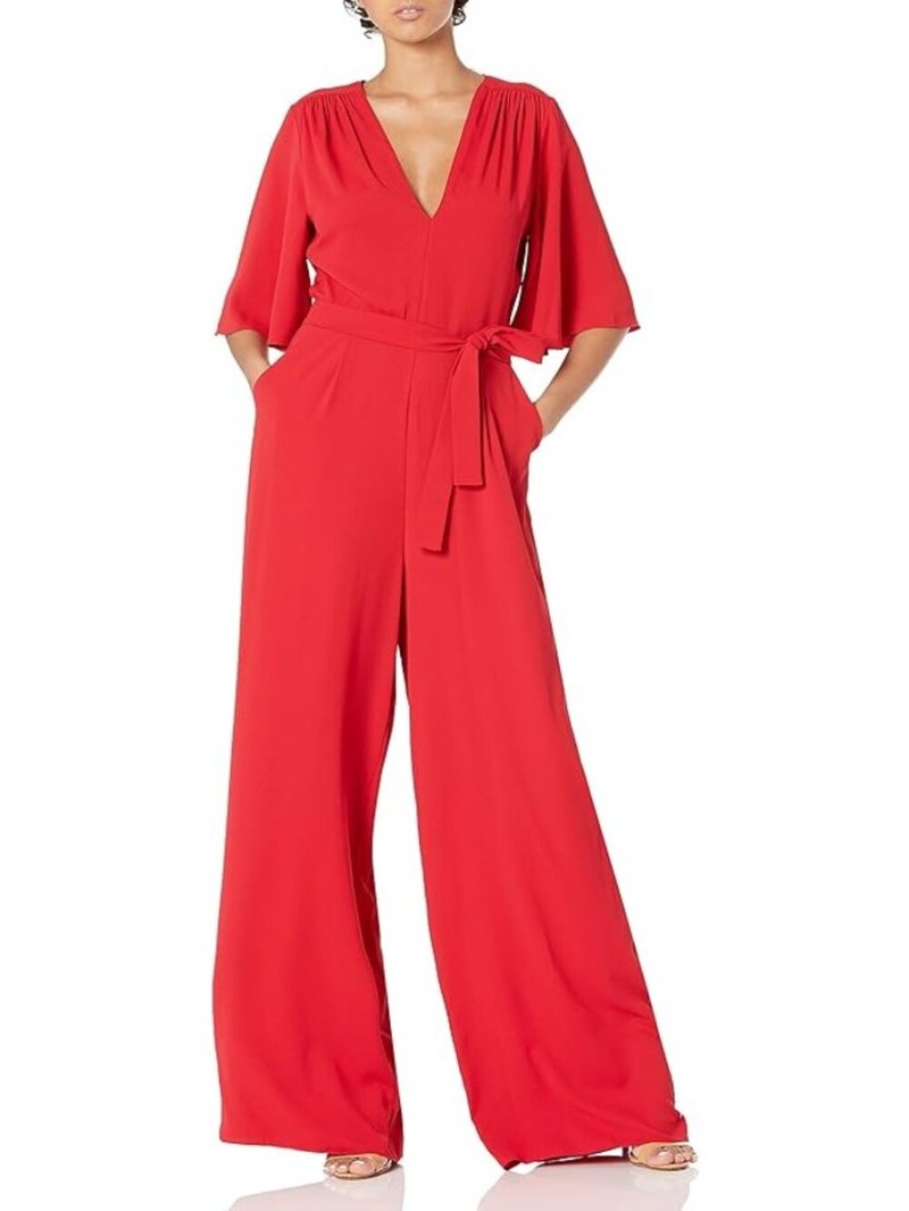 Amanda Uprichard Terre Jumpsuit Wide Leg Flutter Sleeve Tie Waist Red P/XS